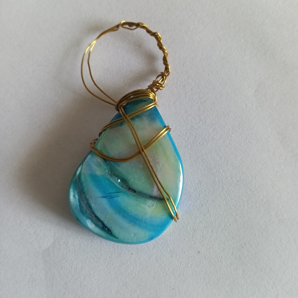 New bright aqua wire wrapped abalone choker necklace pendant hand crafted